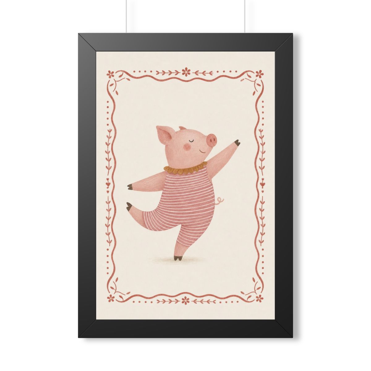 Dancing Pig Border Framed Nursery Wall Art, Storybook Kids Room Decor, 16x24 20x30 Poster — Front view — Photo 1