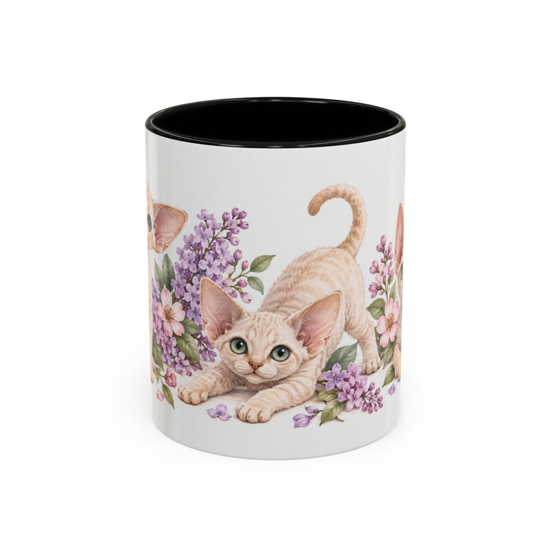 Devon Rex Mug, Cute Watercolor Cat Coffee Cup, Floral Pet Lover Gift, 11oz 15oz Ceramic Accent Mug — 11oz / Black — front