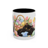 Easter Black Cat Mug, Egg Hunt, Cute Animal Lover Gift, Watercolor Ceramic Coffee Cup, 11oz 15oz — 11oz / Black — front