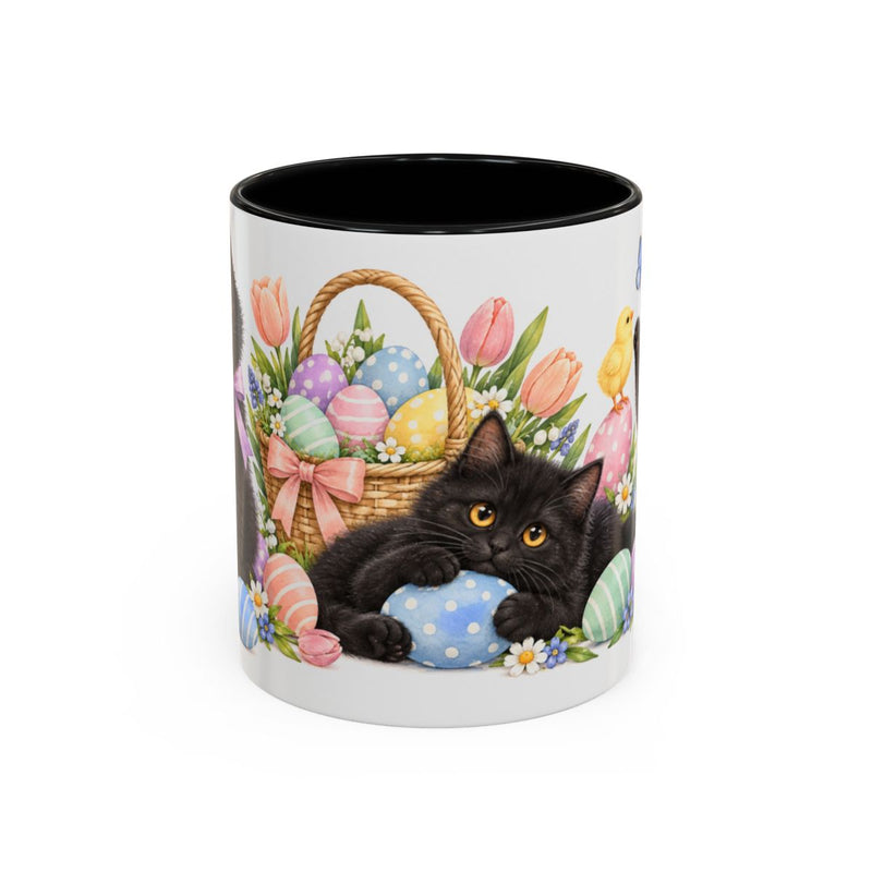 Easter Black Cat Mug, Egg Hunt, Cute Animal Lover Gift, Watercolor Ceramic Coffee Cup, 11oz 15oz — 11oz / Black — front