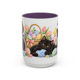 Easter Black Cat Mug, Egg Hunt, Cute Animal Lover Gift, Watercolor Ceramic Coffee Cup, 11oz 15oz — 15oz / Purple — front