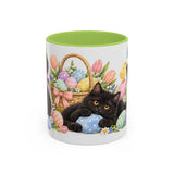 Easter Black Cat Mug, Egg Hunt, Cute Animal Lover Gift, Watercolor Ceramic Coffee Cup, 11oz 15oz — 11oz / Light Green — front