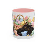 Easter Black Cat Mug, Egg Hunt, Cute Animal Lover Gift, Watercolor Ceramic Coffee Cup, 11oz 15oz — 11oz / Pink — front