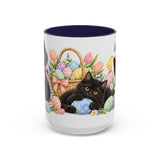 Easter Black Cat Mug, Egg Hunt, Cute Animal Lover Gift, Watercolor Ceramic Coffee Cup, 11oz 15oz — 15oz / Navy — front