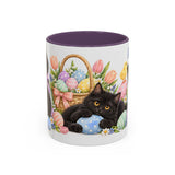Easter Black Cat Mug, Egg Hunt, Cute Animal Lover Gift, Watercolor Ceramic Coffee Cup, 11oz 15oz — 11oz / Purple — front