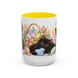 Easter Black Cat Mug, Egg Hunt, Cute Animal Lover Gift, Watercolor Ceramic Coffee Cup, 11oz 15oz — 15oz / Yellow — front