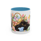 Easter Black Cat Mug, Egg Hunt, Cute Animal Lover Gift, Watercolor Ceramic Coffee Cup, 11oz 15oz — 11oz / Light Blue — front