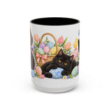 Easter Black Cat Mug, Egg Hunt, Cute Animal Lover Gift, Watercolor Ceramic Coffee Cup, 11oz 15oz — 15oz / Black — front