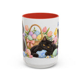Easter Black Cat Mug, Egg Hunt, Cute Animal Lover Gift, Watercolor Ceramic Coffee Cup, 11oz 15oz — 15oz / Red — front