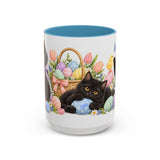 Easter Black Cat Mug, Egg Hunt, Cute Animal Lover Gift, Watercolor Ceramic Coffee Cup, 11oz 15oz — 15oz / Light Blue — front