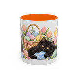 Easter Black Cat Mug, Egg Hunt, Cute Animal Lover Gift, Watercolor Ceramic Coffee Cup, 11oz 15oz — 11oz / Orange — front