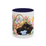Easter Black Cat Mug, Egg Hunt, Cute Animal Lover Gift, Watercolor Ceramic Coffee Cup, 11oz 15oz — 11oz / Navy — front
