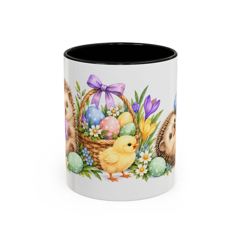 Easter Hedgehog Mug, Tiny Egg Hunt, Cute Animal Lover Gift, Watercolor Ceramic Coffee Cup, 11oz 15oz — 11oz / Black — front