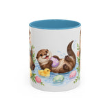 Easter Otter Mug, River Easter, Cute Animal Lover Gift, Watercolor Ceramic Coffee Cup, 11oz 15oz — 11oz / Light Blue — front