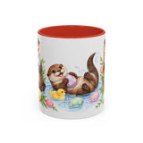 Easter Otter Mug, River Easter, Cute Animal Lover Gift, Watercolor Ceramic Coffee Cup, 11oz 15oz — 11oz / Red — front