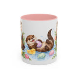 Easter Otter Mug, River Easter, Cute Animal Lover Gift, Watercolor Ceramic Coffee Cup, 11oz 15oz — 11oz / Pink — front