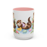 Easter Otter Mug, River Easter, Cute Animal Lover Gift, Watercolor Ceramic Coffee Cup, 11oz 15oz — 15oz / Pink — front