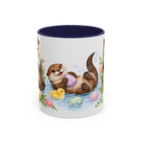 Easter Otter Mug, River Easter, Cute Animal Lover Gift, Watercolor Ceramic Coffee Cup, 11oz 15oz — 11oz / Navy — front