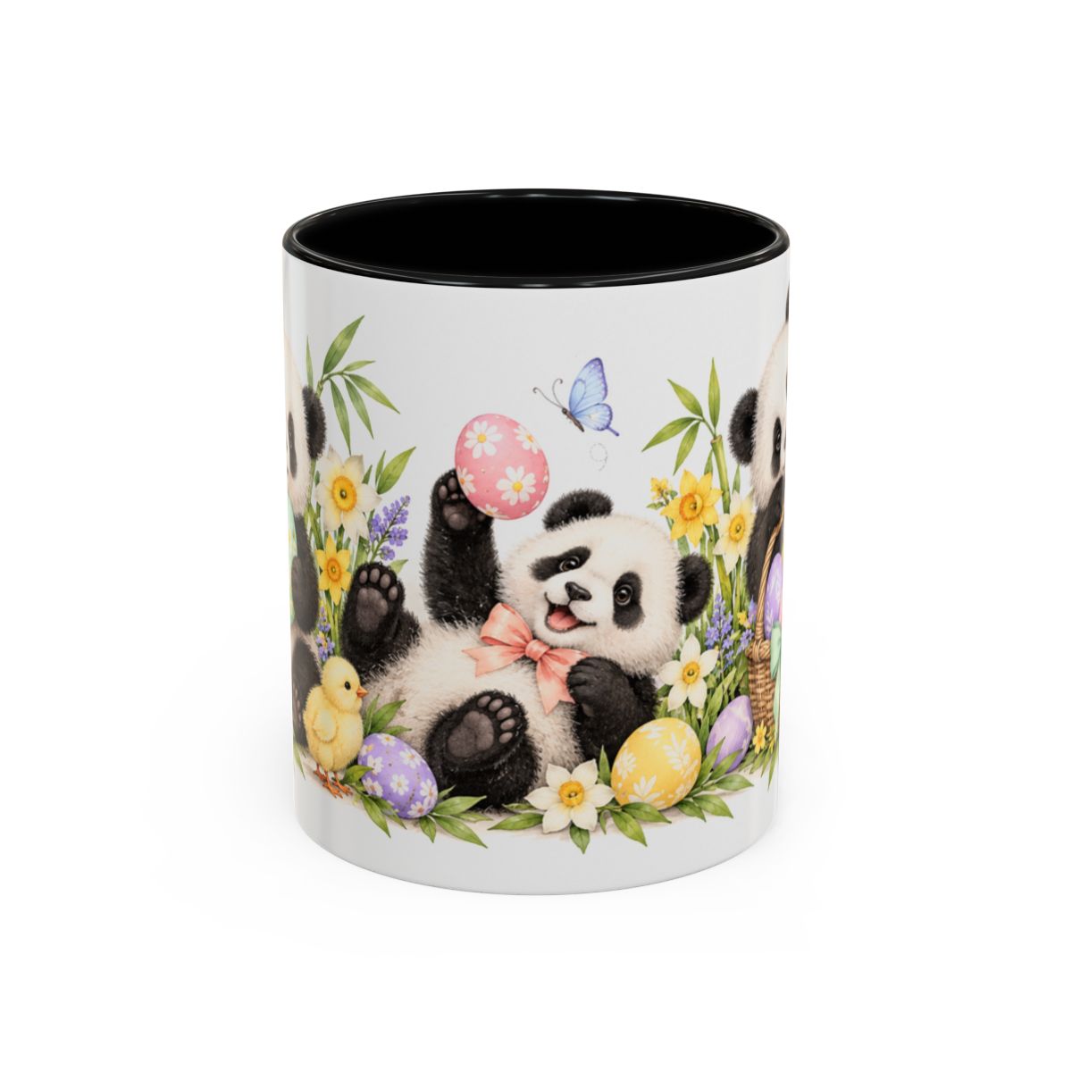 Easter Panda Mug, Bamboo Easter, Cute Animal Lover Gift, Watercolor Ceramic Coffee Cup, 11oz 15oz — 11oz / Black — front