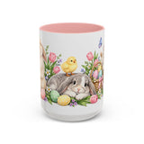 Easter Rabbit Mug, Spring Eggs, Cute Animal Lover Gift, Watercolor Ceramic Coffee Cup, 11oz 15oz — 15oz / Pink — front