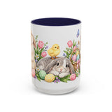 Easter Rabbit Mug, Spring Eggs, Cute Animal Lover Gift, Watercolor Ceramic Coffee Cup, 11oz 15oz — 15oz / Navy — front