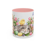 Easter Rabbit Mug, Spring Eggs, Cute Animal Lover Gift, Watercolor Ceramic Coffee Cup, 11oz 15oz — 11oz / Pink — front