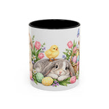 Easter Rabbit Mug, Spring Eggs, Cute Animal Lover Gift, Watercolor Ceramic Coffee Cup, 11oz 15oz — 11oz / Black — front