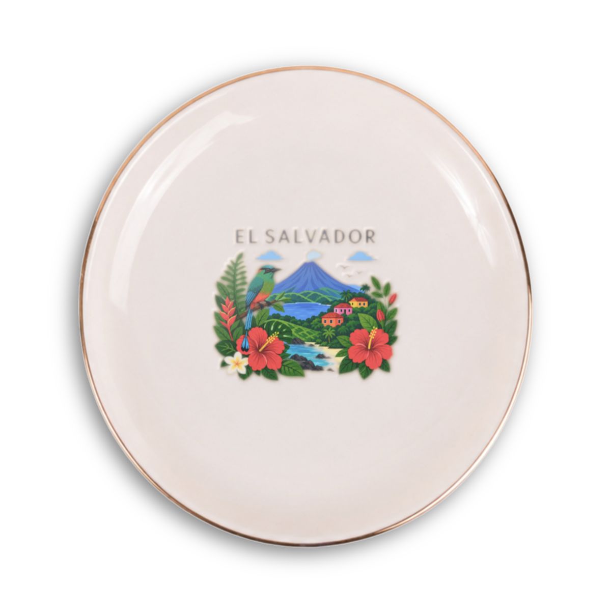 El Salvador Ceramic Ring Dish, Gold Rim Trinket Tray, Jewelry Holder Gift, Round Wavy Round Heart — Front view — Photo 1