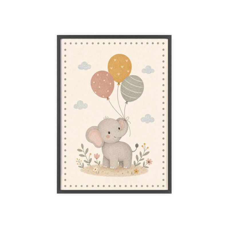 Elephant Balloons Framed Nursery Poster, Storybook Kids Room Wall Art, A4 A3 Size — 6ad866da9136e3edae0e5e23_96250_80279_front
