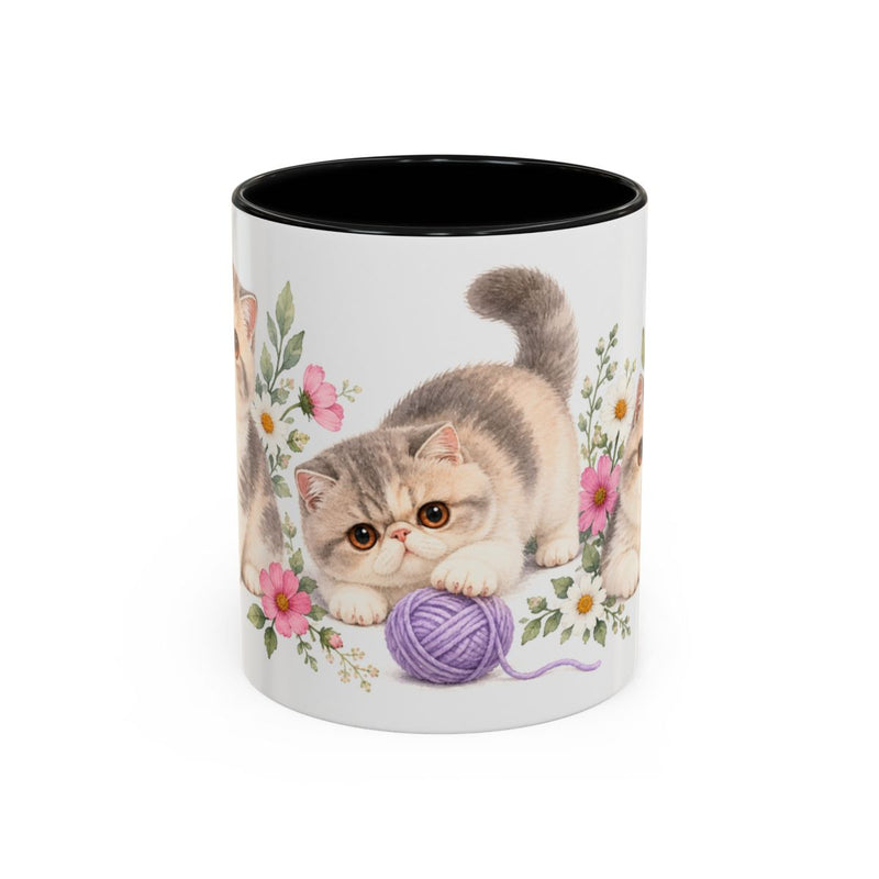 Exotic Shorthair Mug, Cute Watercolor Cat Coffee Cup, Floral Pet Lover Gift, 11oz 15oz Ceramic Accent Mug — 11oz / Black — front