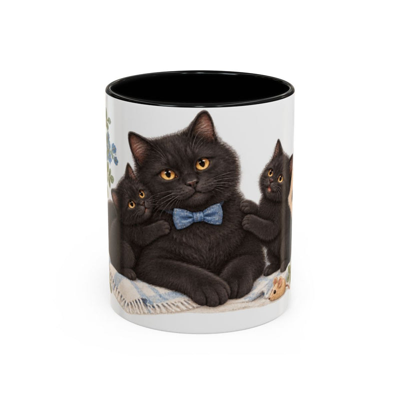 Father's Day Black Cat Mug, Bow Tie Dad, Cute Animal Lover Gift, Watercolor Ceramic Coffee Cup, 11oz 15oz — 11oz / Black — front