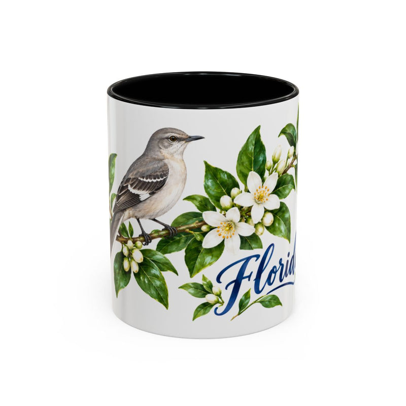 Florida State Bird and Flower Mug, Watercolor Botanical Coffee Cup, Nature Lover Gift, 11oz 15oz Accent Mug — 11oz / Black — front