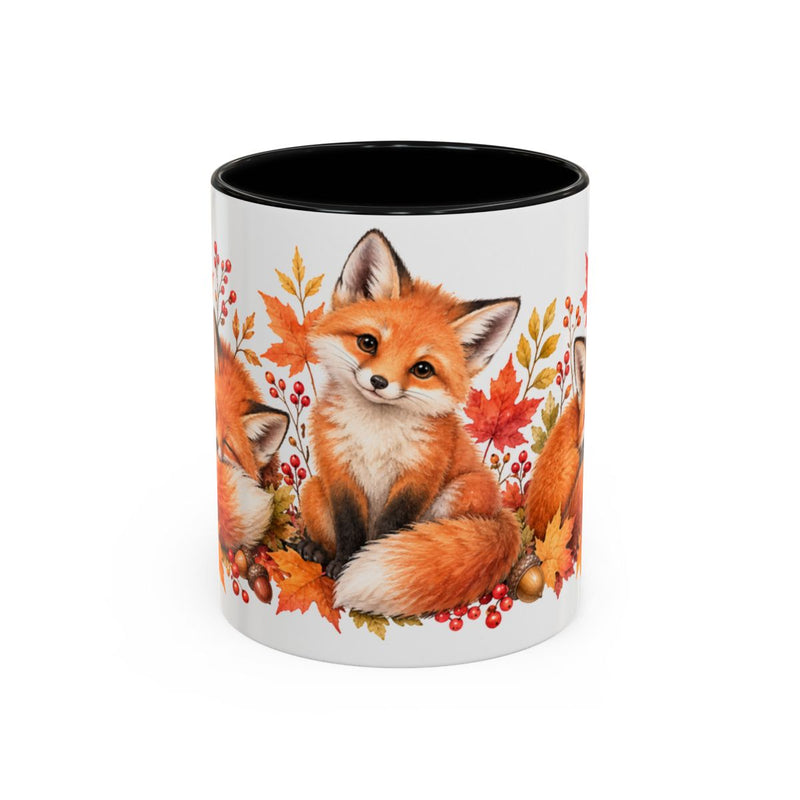 Fox Mug, Autumn Leaves, Cute Watercolor Animal Coffee Cup, Fox Lover Gift, 11oz 15oz Ceramic Accent Mug — 11oz / Black — front