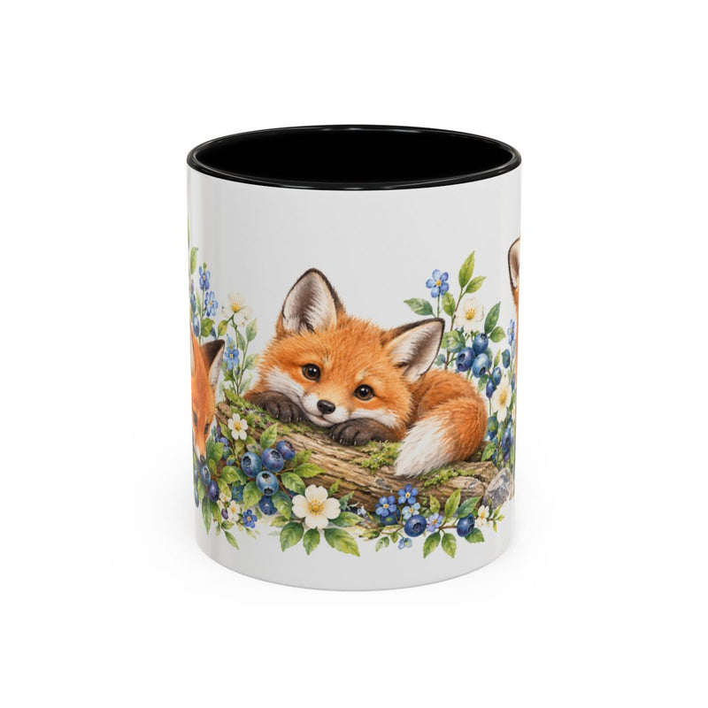 Fox Mug, Blueberry Grove, Cute Watercolor Animal Coffee Cup, Fox Lover Gift, 11oz 15oz Ceramic Accent Mug — 11oz / Black — front