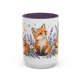 Fox Mug, Moonlit Meadow, Cute Watercolor Animal Coffee Cup, Fox Lover Gift, 11oz 15oz Ceramic Accent Mug — 15oz / Purple — front