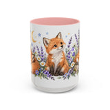 Fox Mug, Moonlit Meadow, Cute Watercolor Animal Coffee Cup, Fox Lover Gift, 11oz 15oz Ceramic Accent Mug — 15oz / Pink — front