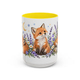 Fox Mug, Moonlit Meadow, Cute Watercolor Animal Coffee Cup, Fox Lover Gift, 11oz 15oz Ceramic Accent Mug — 15oz / Yellow — front