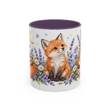 Fox Mug, Moonlit Meadow, Cute Watercolor Animal Coffee Cup, Fox Lover Gift, 11oz 15oz Ceramic Accent Mug — 11oz / Purple — front