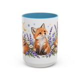 Fox Mug, Moonlit Meadow, Cute Watercolor Animal Coffee Cup, Fox Lover Gift, 11oz 15oz Ceramic Accent Mug — 15oz / Light Blue — front