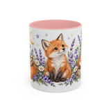 Fox Mug, Moonlit Meadow, Cute Watercolor Animal Coffee Cup, Fox Lover Gift, 11oz 15oz Ceramic Accent Mug — 11oz / Pink — front