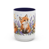 Fox Mug, Moonlit Meadow, Cute Watercolor Animal Coffee Cup, Fox Lover Gift, 11oz 15oz Ceramic Accent Mug — 15oz / Navy — front
