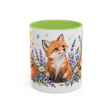 Fox Mug, Moonlit Meadow, Cute Watercolor Animal Coffee Cup, Fox Lover Gift, 11oz 15oz Ceramic Accent Mug — 11oz / Light Green — front