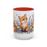 Fox Mug, Moonlit Meadow, Cute Watercolor Animal Coffee Cup, Fox Lover Gift, 11oz 15oz Ceramic Accent Mug — 15oz / Red — front