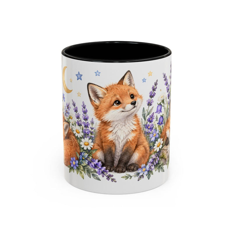 Fox Mug, Moonlit Meadow, Cute Watercolor Animal Coffee Cup, Fox Lover Gift, 11oz 15oz Ceramic Accent Mug — 11oz / Black — front