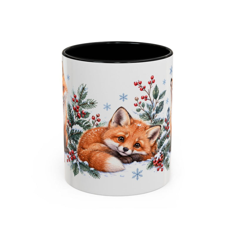 Fox Mug, Winter Berries, Cute Watercolor Animal Coffee Cup, Fox Lover Gift, 11oz 15oz Ceramic Accent Mug — 11oz / Black — front