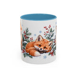 Fox Mug, Winter Berries, Cute Watercolor Animal Coffee Cup, Fox Lover Gift, 11oz 15oz Ceramic Accent Mug — 11oz / Light Blue — front