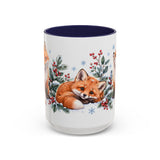 Fox Mug, Winter Berries, Cute Watercolor Animal Coffee Cup, Fox Lover Gift, 11oz 15oz Ceramic Accent Mug — 15oz / Navy — front