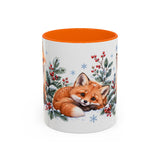 Fox Mug, Winter Berries, Cute Watercolor Animal Coffee Cup, Fox Lover Gift, 11oz 15oz Ceramic Accent Mug — 11oz / Orange — front