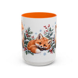 Fox Mug, Winter Berries, Cute Watercolor Animal Coffee Cup, Fox Lover Gift, 11oz 15oz Ceramic Accent Mug — 15oz / Orange — front