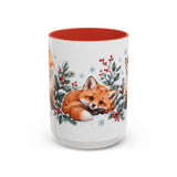 Fox Mug, Winter Berries, Cute Watercolor Animal Coffee Cup, Fox Lover Gift, 11oz 15oz Ceramic Accent Mug — 15oz / Red — front